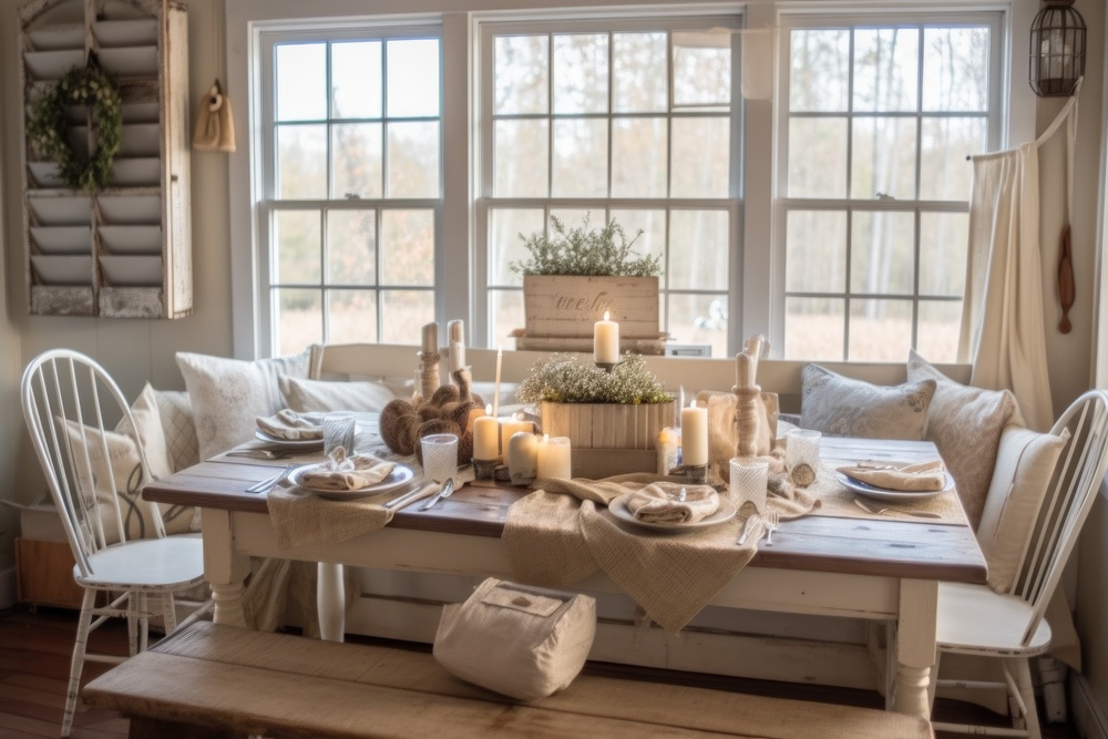 Espacio de comedor estilo cottage que fusiona lo rústico y lo acogedor con una mesa de madera, textiles naturales y decoraciones vintage. La luz natural y los detalles en tonos neutros aportan calidez y serenidad al ambiente, evocando el encanto de una casa de campo.